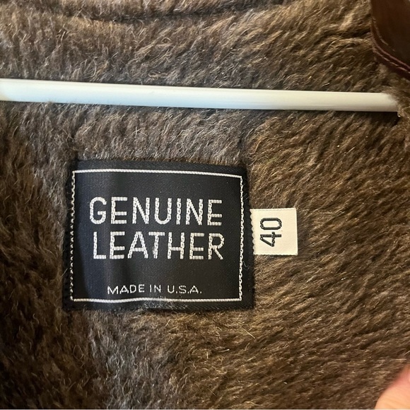 Vintage Genuine Leather Jacket Chocolate Brown Button Up Faux Fur Lining - Picture 7 of 9